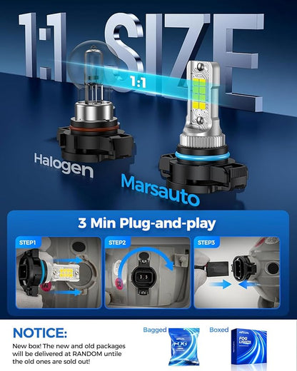 Marsauto 5202/5201 LED Fog Light Bulbs, 100% Successful Installation, 12000 Lumens 600% Brightness 6000K LED Bulbs, 5201 PS24W 5202 Fog Light Bulbs, Non-polarity, 1:1 Size, Pack of 2