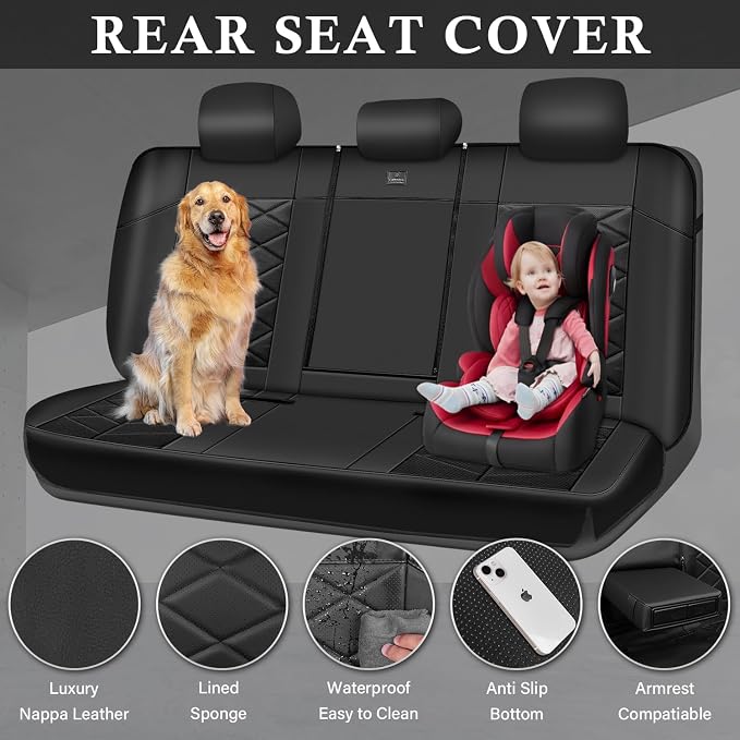CAR PASS Memory Foam Leather Back Seat Cover, Luxury Breathable Perforated Nappa Leather Bench Rear Seat Cover, Thick 3D Foam Zipper Split Backseat Cover Universal Fit for Trucks, Sedans, SUV, Black