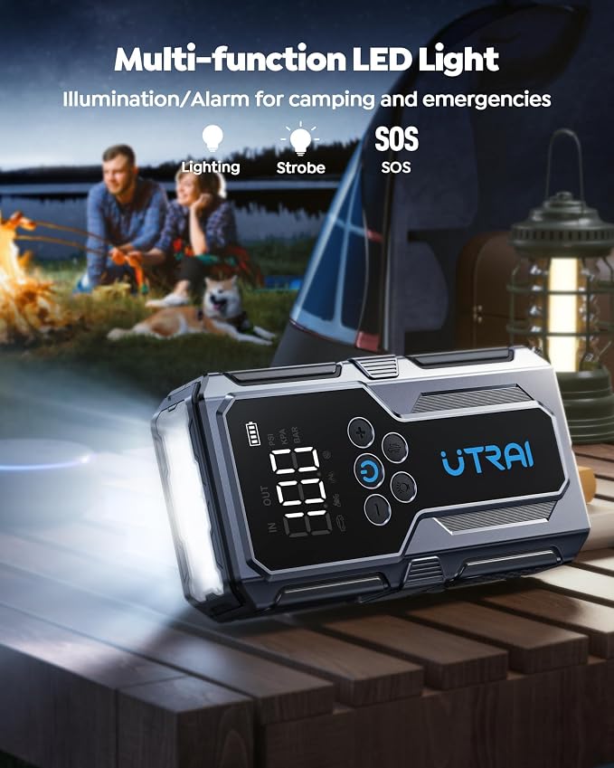 UTRAI Jump Starter with Air Compressor, 4000A Battery Jumper Starter Portable with 150PSI Tire Inflator, 18W Fast Charge, Emergency Light, 12V Jump Box for 8.5L Gas & 6.5L Diesel Engines, Storage Case