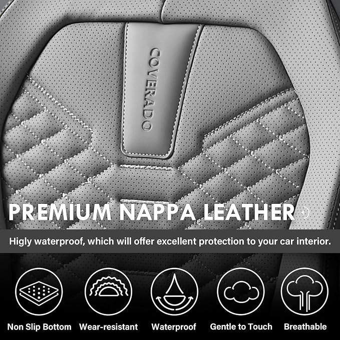 Coverado Car Seat Covers, Front Seat Cover, Waterproof Nappa Leather Seat Covers for Cars, 2 Pack Car Seat Protectors Driver Seat Cover, Automotive Seat Covers Universal Fit for Most Cars, Black&Gray