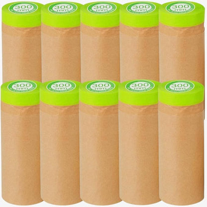 Pre-Taped Painting Masking Paper: 10 Rolls 12 Inch x 50 Feet Tape and Drape Painters Paper, Self-Adhesive Paint Protective Kraft Paper Roll