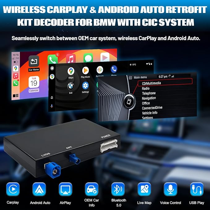 Wireless CarPlay Android Auto Retrofit Kit for BMW CIC System 1/2/3/4/5/7seriers X1/X3/X5/X6/E60/E61/E81/E90/F07/F10/F11/E84/E71/F25/E70 2008-2012,Support OEM Controls, Airplay Mirror,Reverse Camera