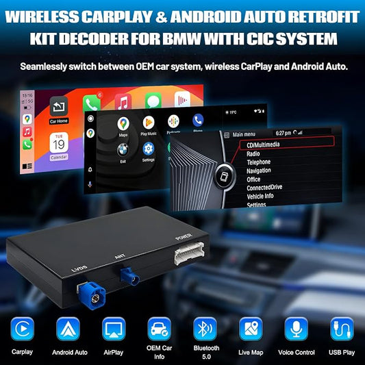 Wireless CarPlay Android Auto Retrofit Kit for BMW CIC System 1/2/3/4/5/7seriers X1/X3/X5/X6/E60/E61/E81/E90/F07/F10/F11/E84/E71/F25/E70 2008-2012,Support OEM Controls, Airplay Mirror,Reverse Camera