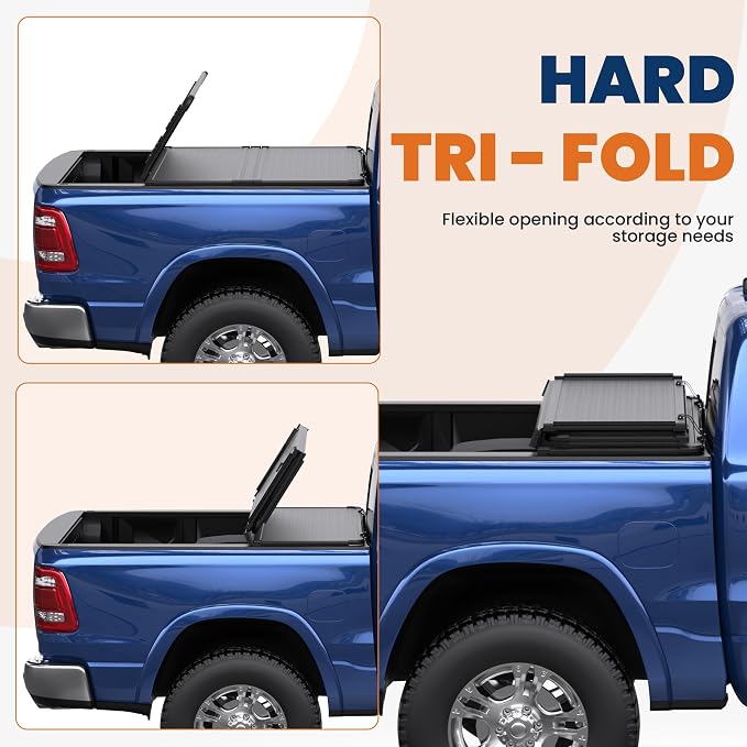 KUIPERAUTO 6.4FT Tri Hard Truck Bed Tonneau Cover Compatible for 2002-2026 Dodge Ram 1500 Classic & New Body/2003-2024 Ram 2500 3500 (w/o Ram Box) 6.4 FT Aluminum