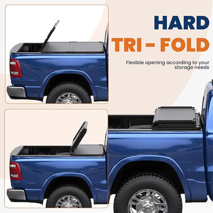 KUIPERAUTO 6.4FT Tri Hard Truck Bed Tonneau Cover Compatible for 2002-2026 Dodge Ram 1500 Classic & New Body/2003-2024 Ram 2500 3500 (w/o Ram Box) 6.4 FT Aluminum