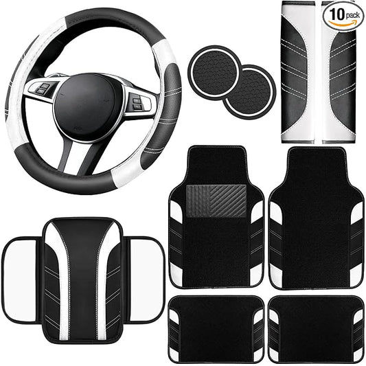 NBTEPEM 10 Pcs Car Floor Mats Full Set & Sport Leather Steering Wheel Cover 14.5-15 inch, Center Console Cover, Seat Belt Cushion, Cup Holder Coaster, Universal Automobile Interior Sets (White)