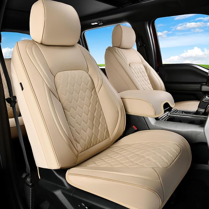 Huidasource F150 F250 F350 Front&Rear Leather Seat Covers Fit for 2015-2025 Ford F150 SuperCrew & 2017-2025 F250 F350 F450 Super Duty Crew Cab XL XLT Lariat King Ranch Platinum(Full Set/Beige)
