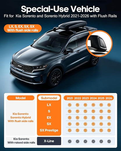 Aluminum Roof Rack Cross Bars Fit for 2021-2026 KIA Sorento & Sorento Hybrid with Flush Side Rails, Aerodynamic Rooftop Cargo Carrier Luggage with Anti-Theft Lock (Non-X-LINE)