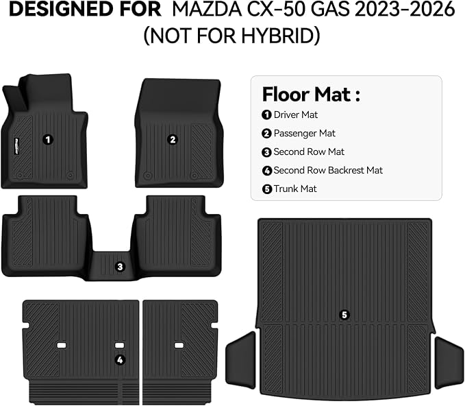 Floor Mats for Mazda CX-50 Gas 2023-2025 2026(Not for Hybrid), Trunk Mat and Backrest Mat All Weather TPE Protector for Mazda CX-50 Accessories
