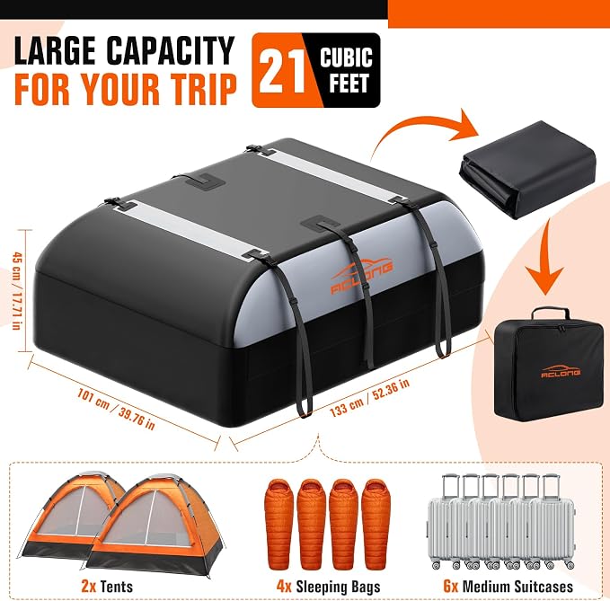 21 Cubic Feet Rooftop Cargo Carrier Bag, 840D Waterproof Car Roof Bag for Cars with/Without Racks, Heavy Duty Roof Top Cargo Bag with Anti-Slip Mat, 6 Door Hooks, Storage Bag & Lock