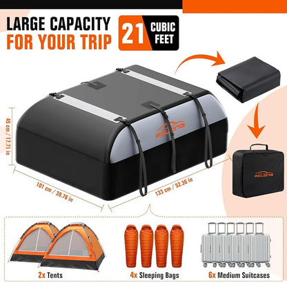21 Cubic Feet Rooftop Cargo Carrier Bag, 840D Waterproof Car Roof Bag for Cars with/Without Racks, Heavy Duty Roof Top Cargo Bag with Anti-Slip Mat, 6 Door Hooks, Storage Bag & Lock