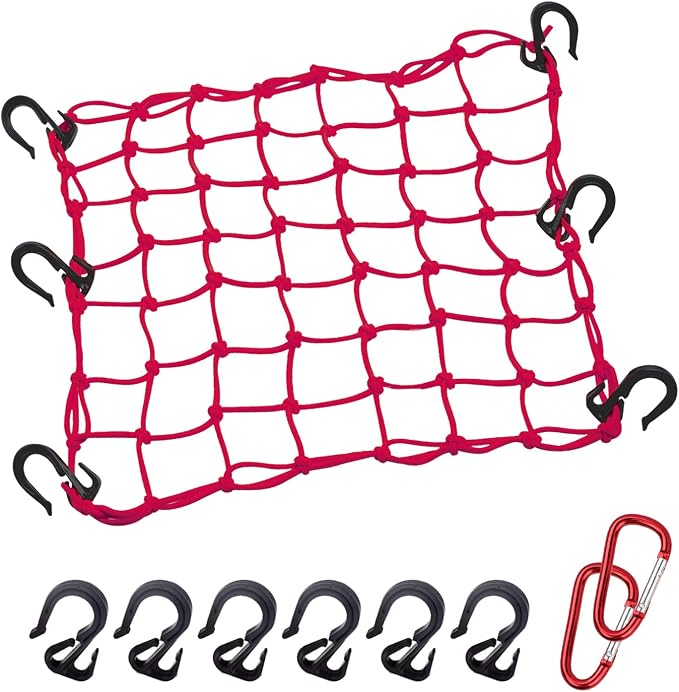 Cargo Net 15"x15" Stretches to 30"x30" with Thicken Hooks | Natural Latex Core, Tight 2”x2” Mesh Small Heavy Duty Bungee Net for Motorcycle Helmet, Bike, ATV, UTV, Luggage (Red, 1 Pack)