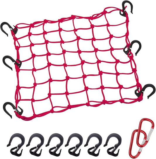 Cargo Net 15"x15" Stretches to 30"x30" with Thicken Hooks | Natural Latex Core, Tight 2”x2” Mesh Small Heavy Duty Bungee Net for Motorcycle Helmet, Bike, ATV, UTV, Luggage (Red, 1 Pack)