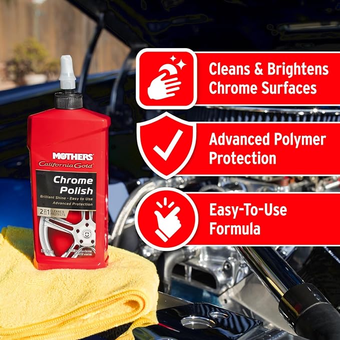 Mothers California Gold Chrome Polish, 12 oz. — Cleans & Brightens Chrome Bumpers, Wheels, Trim & Accessories, Protects Against Fingerprints, Rust & Corrosion, Safe on Glass & Mirrors (05212)