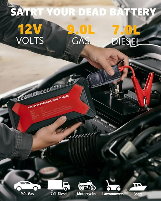 Car Battery Jump Starter, 4000A Battery Jumper Starter Portable 12V Lithium (for 9.0L Gas or 7.0L Diesel Engine), Jump Box, Jump Starter Battery Pack with Jumper Cable, LED Light, USB QC3.0 (Red)