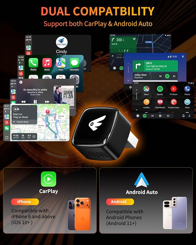 Wireless CarPlay Adapter for iPhone (iOS 10+) & Android Auto Converter (Android 11+), Plug & Play Dongle for Cars 2016+, Wired to Wireless