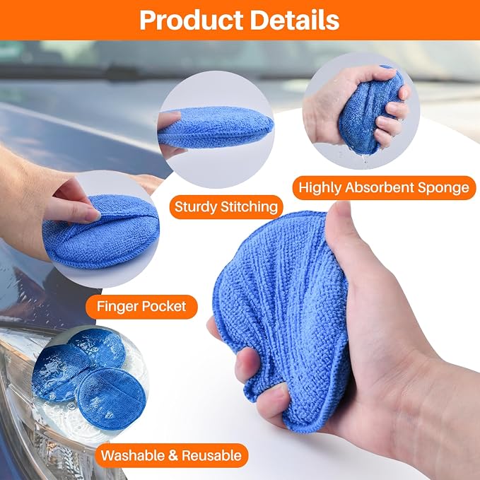 Microfiber Wax Applicator Pads, Car Wax Applicator with Finger Pocket, Buffing & Detail Polishing Foam Pads for Car Cleaning and Fine Polishing (5 inch, 12 Pack)