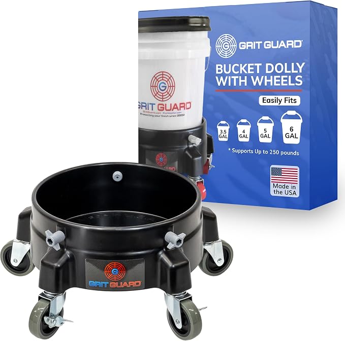 Grit Guard Bucket Dolly with Wheels - Rolling Detailing Wash Bucket with 5 Wheels and 2 Locking Casters Compatible with 2.5, 4, 5 and 6 Gallon Buckets (Black, 3" Grey Casters) - Made in the USA