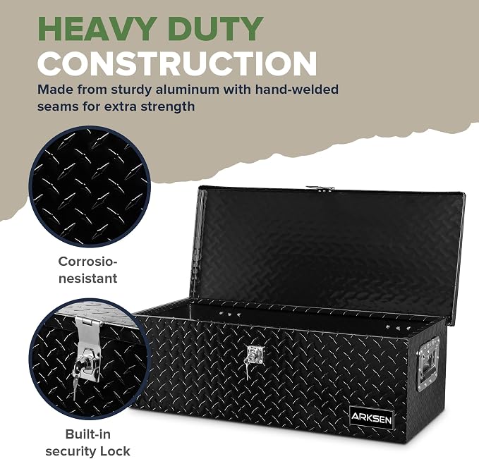 ARKSEN 30 x 13 x 10 Inch Diamond Plate Truck Bed Tool Box, Heavy Duty Waterproof Aluminum Toolboxes Storage Chest with Side Handle & Lock for Pickup Truck Bed, RV & Trailer – Black