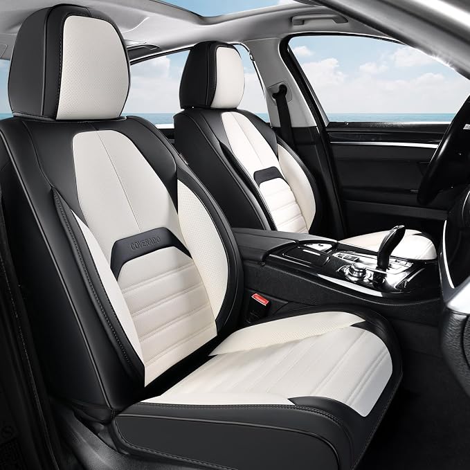 Coverado Car Seat Covers Full Set, Seat Covers for Cars, Automotive Seat Covers, Waterproof Nappa Leather Front Seats and Back Car Seat Protector, Universal Fit for Most Cars SUV Trucks,Black&White