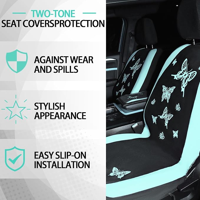 BBTO 43 Pcs Butterfly Car Seat Full Set Butterfly Car Accessories for Women 5 Front Rear Seat Covers Wrist Strap 2 Pcs Cup Mat Armrest Pad 2 Belt Xmas Cover Accessories for SUV(Mint Green, Black)