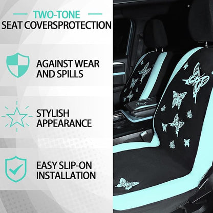 BBTO 43 Pcs Butterfly Car Seat Full Set Butterfly Car Accessories for Women 5 Front Rear Seat Covers Wrist Strap 2 Pcs Cup Mat Armrest Pad 2 Belt Xmas Cover Accessories for SUV(Mint Green, Black)