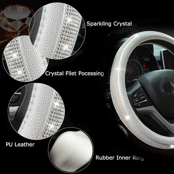New Diamond Leather Steering Wheel Cover with Bling Bling Crystal Rhinestones, Universal Fit 15 Inch Car Wheel Protector for Women Girls Silver