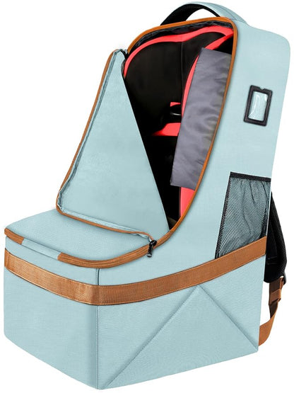 YOREPEK Padded Car Seat Travel Bag for Air Travel, Carseat Cover Backpack with Shoulder Straps, Large Carseat Gate Check Bag, Baby Travel Essential(Light Cyan)