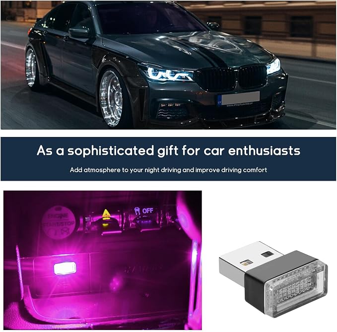 Dickno 4 PCS USB LED Car Interior Atmosphere Lamp, Portable Mini LED Night Light, Plug-in USB Interface Trunk Ambient Lighting Kit, Vehicle Interior Accessories (Pink+Blue+Red+Ice Blue)