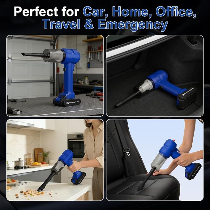 Vinid Handheld Car Vacuum Cleaner, 12000Pa Cordless Wet/Dry Vacuum & Air Blower, with Safety Hammer & Seatbelt Cutter, 80W 6000mAh Battery, HEPA Filter, Type-C Charging for Car Home Emergency, Blue