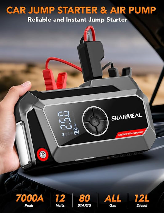 Sharmeal Jump Starter with Air Compressor, 7000A Car Battery Jump Starter (All Gas /12.0L Diesel), 200PSI Jump Starter Power Pack Portable 12V Jump Box with Jumper Cables, LED Light