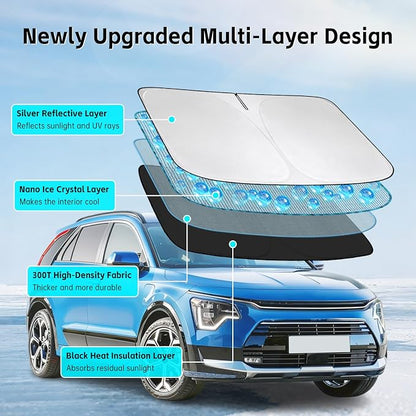 Windshield Sun Shade for Kia NIRO 2017-2026 Sunshade 300T Windshield Cover Shield Protector Blocks UV Rays Custom Fit NIRO Front Window Shades Windshield Accessories Keep Cool Foldable