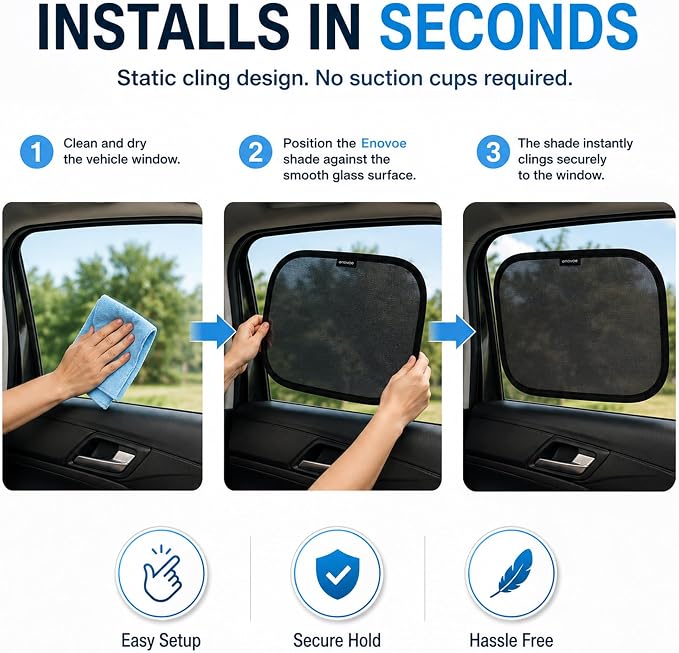 2-Pack Car Window Shades by Enovoe - 19" x 12" in Side Window Cover for SUVs, Sedans, and Trucks - Protects Baby from UV Rays and Glare - Cling Design for Easy Use - Plain