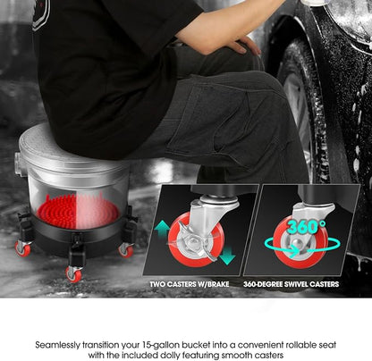 DNA Motoring 5 Gallon Washing System Includes 15.5L Bucket, Filtration System Insert, Five Castor, Bucket Dolly, and Lid for Car Wash and Detailing, Transparent, TOOLS-00603