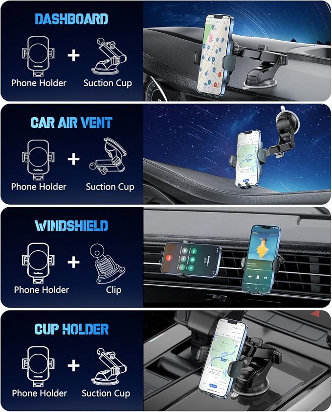 3-in-1 Wireless Car Charger Mount, 15W Fast Charging Auto-Clamping Phone Holder for iPhone 17 16 15 14, Samsung Galaxy S24 S23, Dashboard, Vent & Windshield Car Mount(Forest Green)