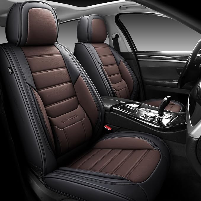 MINGBRON Car Seat Covers Full Set, Brown Car Seat Cover Lumbar Support, Car Seat Protector Waterproof, Nappa Leather Car Seat Cushion, Front Seats and Back Fit for Most Cars