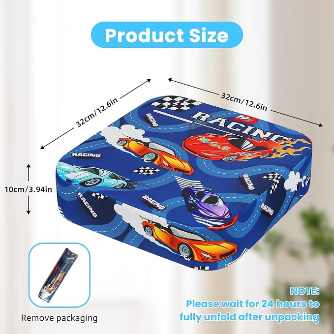Toddler Booster Seat for Dining Table, 4" Kids Booster Seat for Kitchen Chair with Non-Slip Bottom, Portable Detachable Washable Increasing Cushion with 2 Adjustable Straps (Racing car)