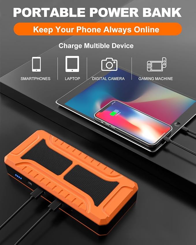 Portable Car Jump Starter, 4000A Peak Battery Charger, 12V Jump Box for Truck up to 10L Diesel, Motorcycle, Dual USB Power Bank, LED Light, Great Battery Jumper for Road Side Emergency Kit for Car