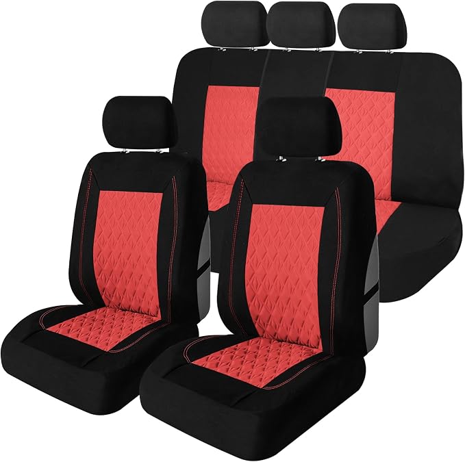 Universal Fit Diamond Stitched Flat Cloth Car Seat Covers Full Set - Red
