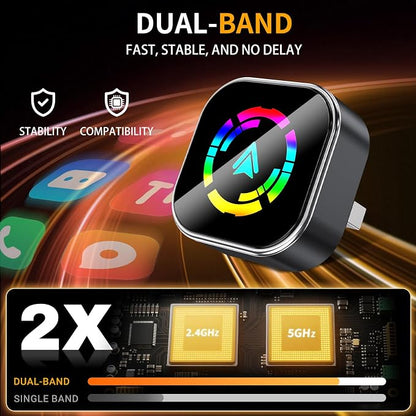 Plug-and-Play CarPlay Converter, converting Wired to Wireless Connection, 2-in-1 Wireless CarPlay and Android Auto Adapter, Quick Connection, Suitable for USB/USB-C Ports, Compact Size