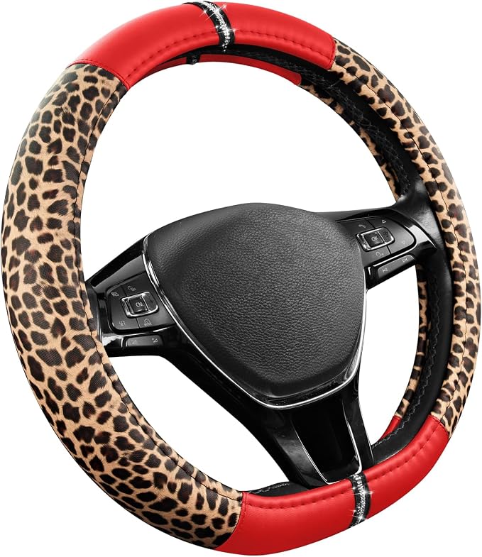 Road Comforts Leopard Steering Wheel Cover for Women, Cute Anti-Slip Microfiber Leather, Fits D Shape Flat Bottom Steering Wheel 14.5-15 Inch - Red