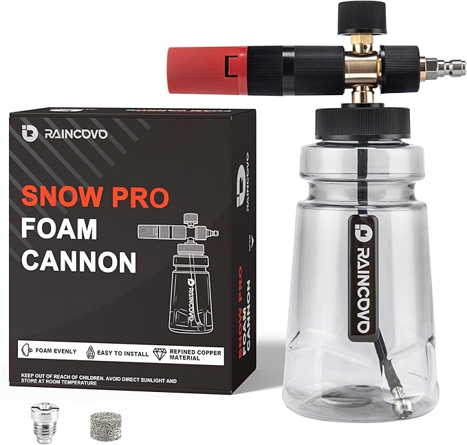 Raincovo Foam Cannon Wide Mouth for Pressure Washer, Thick Snow Foam Lance for Car Wash, Adjustable Soap Cannon with 1/4 Inch Quick Connector, Additional 1.1mm Orifice Nozzle