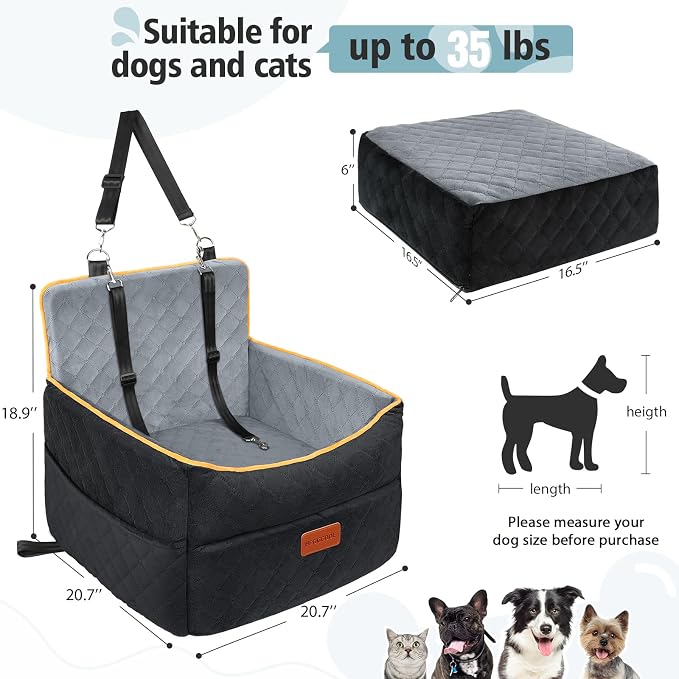HEGGCOOE Small Dog Car Seat, Memory Foam Dog Booster Seats with Thick Cushion for Medium Dogs Under 35lbs, Detachable Washable Pet Car Seat Bed with Storage Pockets,2 Safety Belts