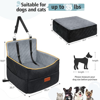 HEGGCOOE Small Dog Car Seat, Memory Foam Dog Booster Seats with Thick Cushion for Medium Dogs Under 35lbs, Detachable Washable Pet Car Seat Bed with Storage Pockets,2 Safety Belts
