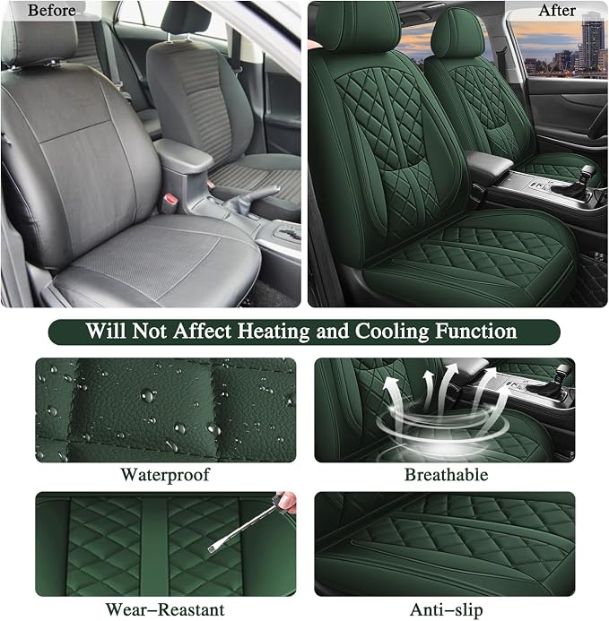 otoez Car Seat Covers Full Set, Universal Leather Seat Cover 5 Seat Waterproof & Breathable Automotive Seat Protector Full Coverage for Cars Sedens, Trucks, SUVs, Vans (Green)