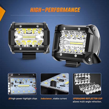 Nilight 4Pcs LED Pods 4Inch 60W Triple Row Flood Spot Combo 6000LM Light Bar with 12V On/Off 5 Pin Rocker Switch 16AWG Wiring Harness Kit-4 Leads (ZH041)