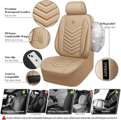 CAR PASS 3D Foam Faux Leather Seat Covers Full Set,Waterproof Tan Leather Seat Cover for Cars,Luxury Universal Fit Anti-Slip for SUV Truck Sedan Automotive,Armrest Airbag Compatible,All Beige