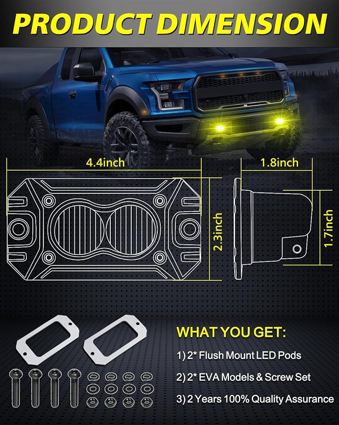 Yellow Flush Mount LED Pods, AKD Part Flood CREE LED Flush Mount Fog Lights 40W Yellow Chase Lights Bumper Driving Backup Reverse Light Pods for Trucks Pickup SUV UTV ATV Snowmobile