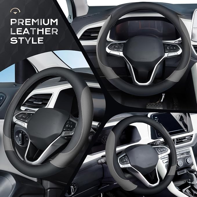 Coverado Nappa Leather Steering Wheel Cover Universal 14-15 Inch Anti-Slip Breathable Steering Wheel Protector Luxury Auto Decor for Men Women Black Gray