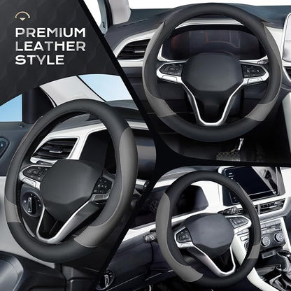 Coverado Nappa Leather Steering Wheel Cover Universal 14-15 Inch Anti-Slip Breathable Steering Wheel Protector Luxury Auto Decor for Men Women Black Gray